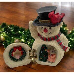 Vintge Snowman Figurine with Surprise Christmas Scene in Belly Mouse Tree